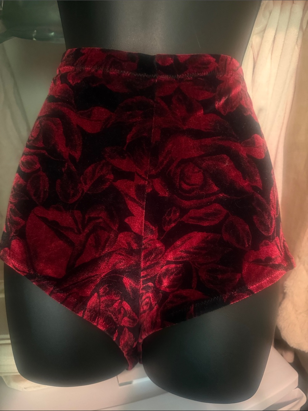 High-Waist Red Velvet Floral Women’s Shorts